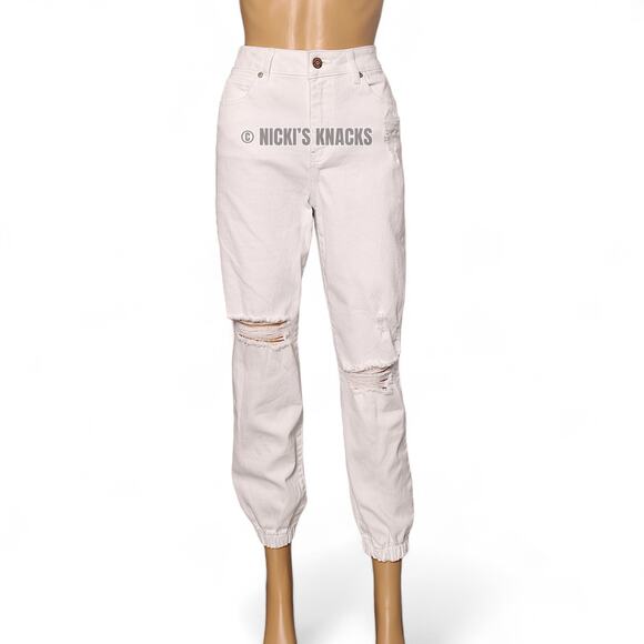 White High Rise Distressed Jogger Jeans Straight Leg Elastic Cuff Size 26 - Picture 2 of 10